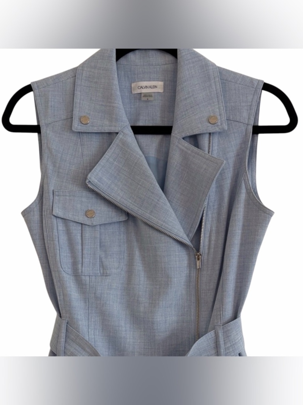 Calvin Klein Light Blue Moto Sheath Dress Sleeveless Belted Size 6 - Picture 8 of 9